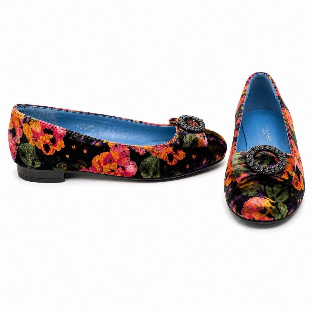 Via Spiga Floral Velvet Ballet Flats Women’s 11M Black Multicolor Bow Rhinestone